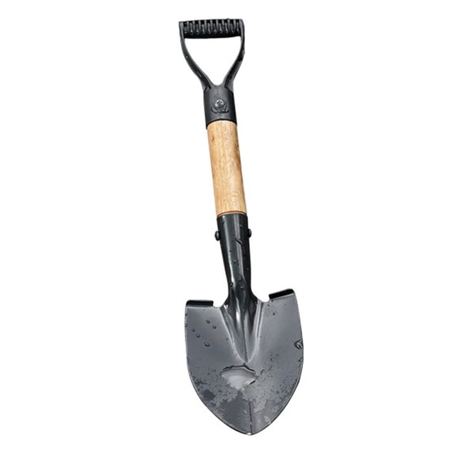 Small Round Digging Shovel Kids Mini Beach Garden Snow Shovel with a sturdy wooden handle and a durable manganese steel blade. Measuring approximately 35.8 cm by 8.5 cm and weighing about 180g, this lightweight shovel is perfect for children to use in snow removal, gardening, or beach activities. The black blade and ergonomic handle ensure ease of use and reliability.