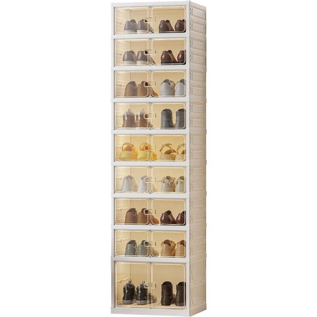 Portable Shoe Rack Organizer for Closet Entryway, a 9-tier stackable shoe cabinet with magnetic clear doors. Crafted from durable PP+PS material, it provides transparent storage for sneakers, boots, and other footwear. Features ventilation holes for odor prevention and quick assembly. Suitable for use as plastic storage bins in bedrooms or entryways.