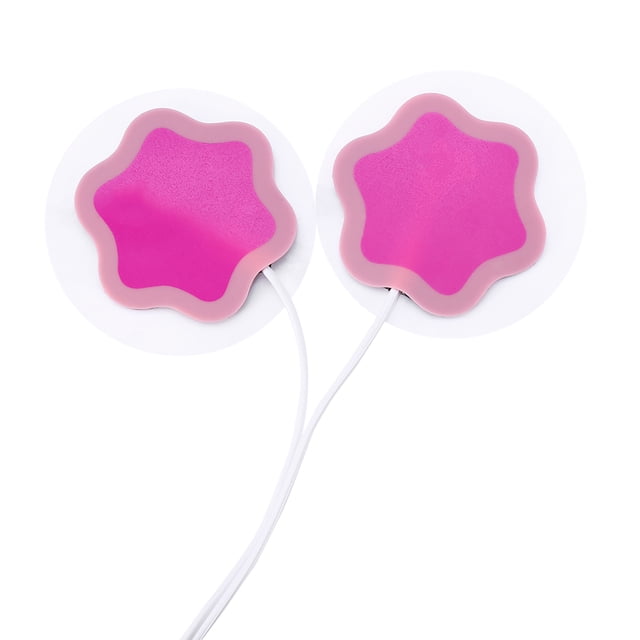 Menstrual Women Period Pain Killing Dysmenorrhea Massage Menstrual Analgesic Pain Relief Massager with two pink, flower-shaped silicone electrode pads connected by white wires. This multifunctional device provides physiological pain relief for menstrual discomfort and improves blood circulation in areas like the neck, shoulders, and thighs.