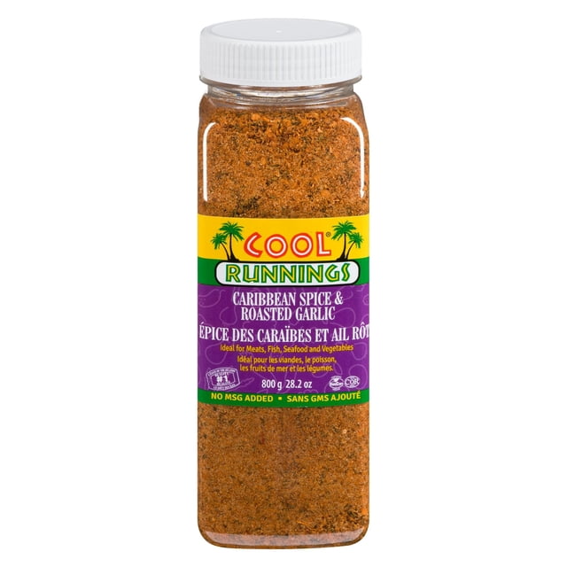 Cool Runnings Caribbean Spice & Roasted Garlic 800g seasoning bottle with white shaker lid, containing a coarse orange-brown spice blend. The label features palm tree graphics and bilingual text indicating it is ideal for meats, fish, seafood, and vegetables, with no MSG added. It is often used for grilling, roasting, and marinating.