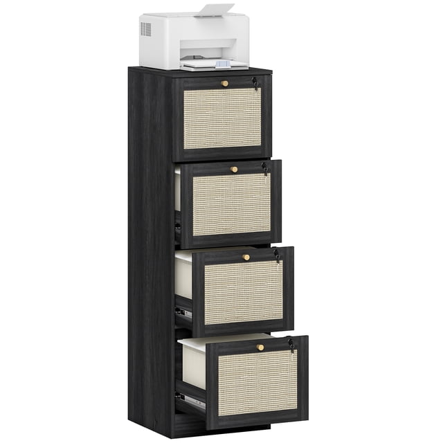 HOMCOM 4 Drawer File Cabinet Lockable Filing Cabinet for A4 Letter Black. This tall, black filing cabinet features four spacious drawers with natural rattan fronts, creating a bohemian style. Each drawer is lockable with two keys for added security. The cabinet is made from melamine particle board and includes adjustable metal rods to accommodate A4 and letter-size files. The compact design supports up to 165 lbs. and includes an anti-tip device for safety. The top surface is suitable for holding a printer.