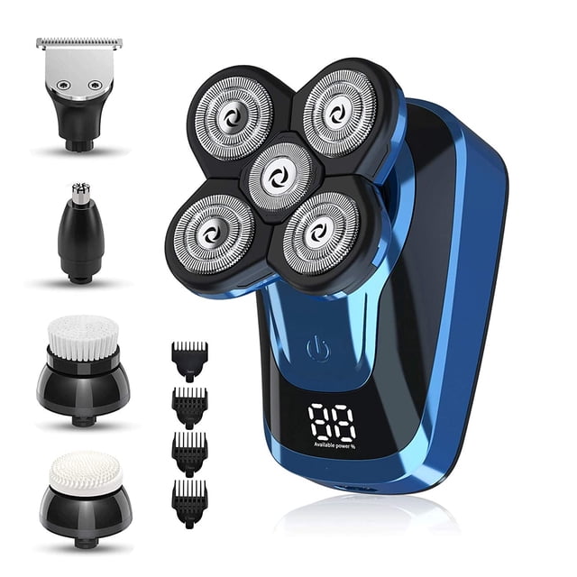 Electric Shavers for Men Bald Head Shaver LED Display 5-in-1 Faster-Charging 5D Floating Waterproof Electric Rotary Shaver with Clipper Nose Hair Facial Clean Waterproof