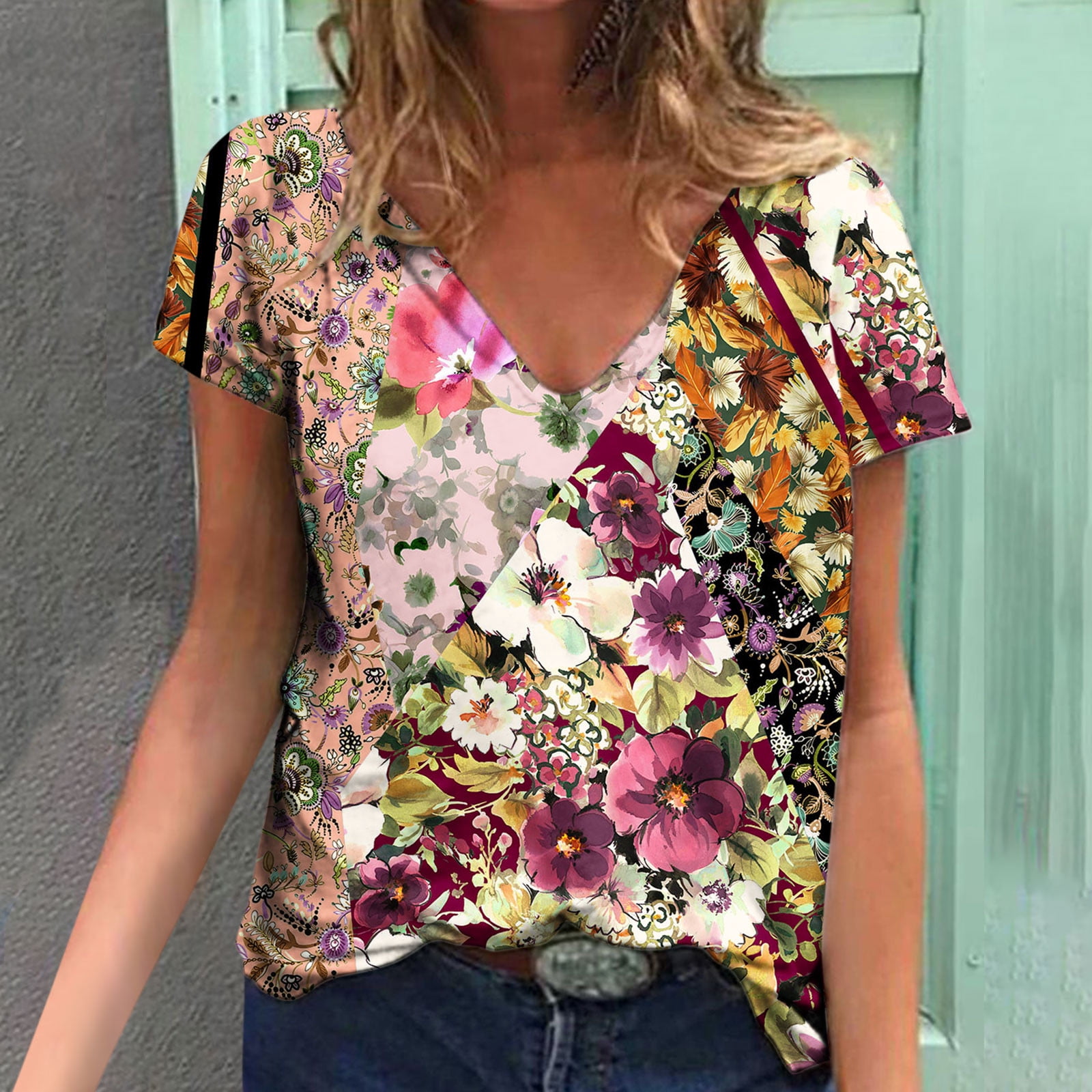 Hauts d'Été Grande Taille pour Femmes Chic Femmes Blouse d'Été Imprimée T-Shirts Décontractés Col en V Manches Courtes T-Shirts Hauts Col en V T-Shirt Femmes en Liquidation