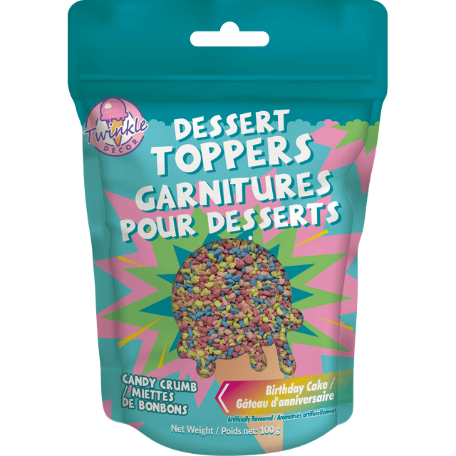 Dessert Topper Birthday Cake Candy Crumbs by Twinkle Decor in a teal resealable pouch featuring colorful candy crumb sprinkles in pink, blue, yellow, and green visible through an ice cream cone-shaped window, suitable for decorating desserts and adding flavour to baked goods and ice cream, net weight 100 g.