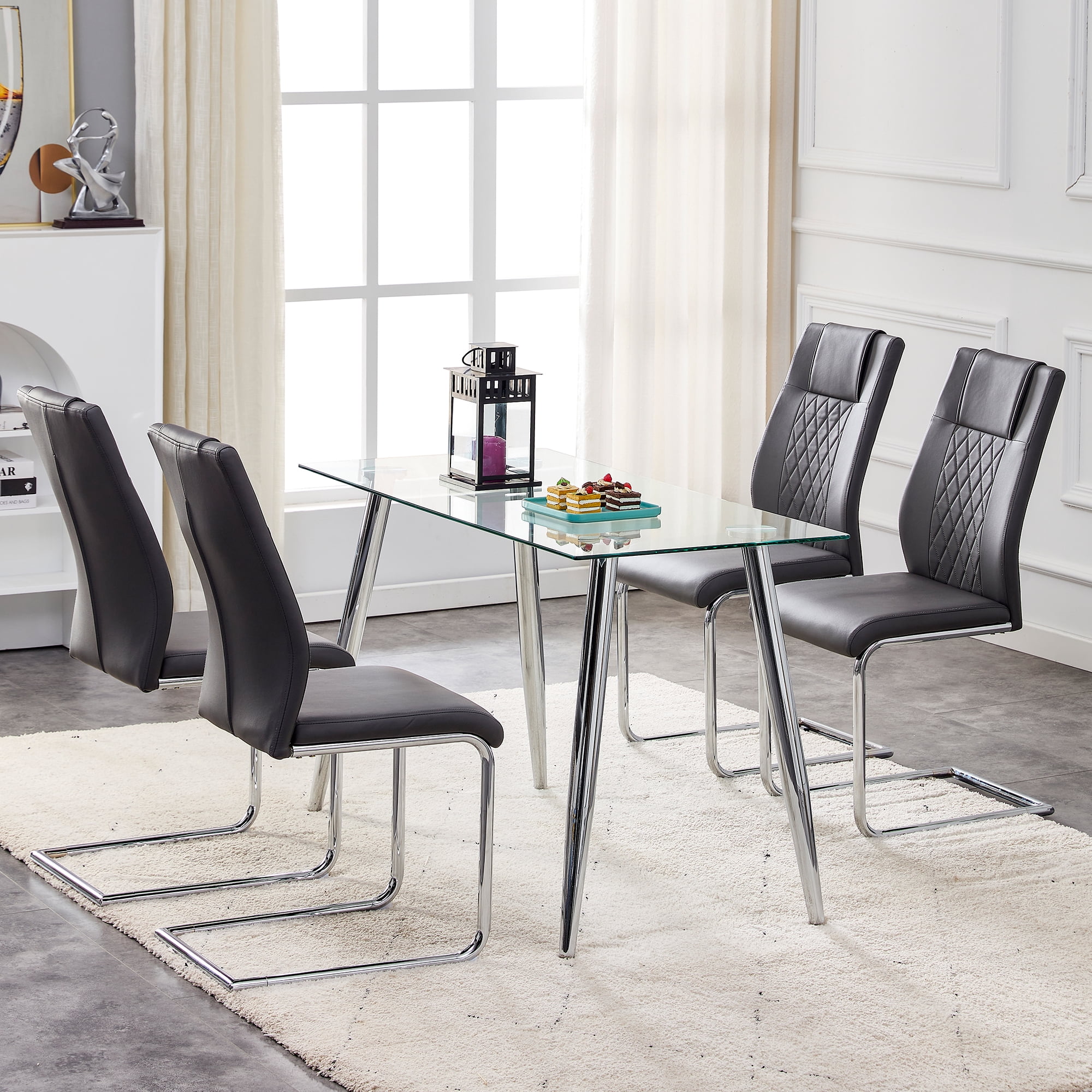 Noble House Set of 6 Modern Dining Chairs,Faux Leather Padded Seat with Metal Legs,for Kitchen Living Bedroom,Black