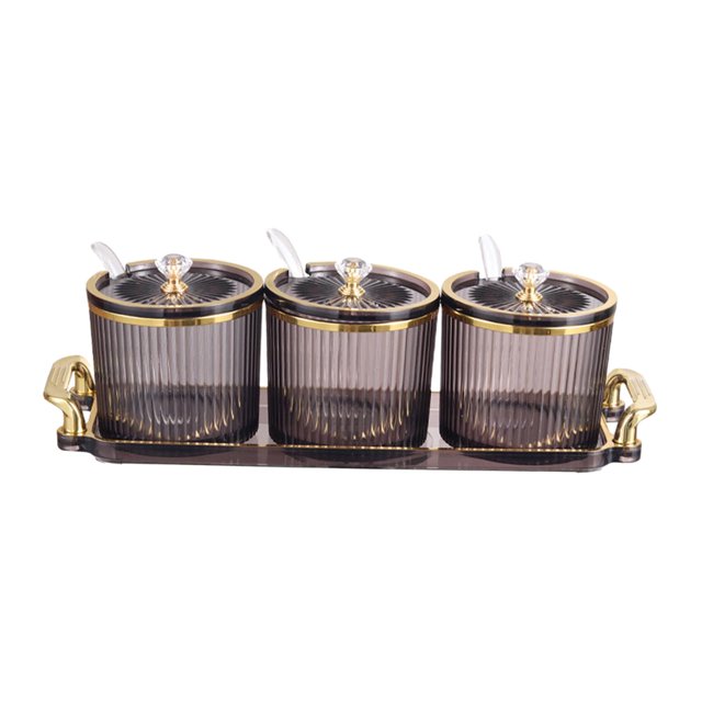 3 Pieces Stylish Simple Condiment Canisters Pots Set with Spoon Lid and Base Black