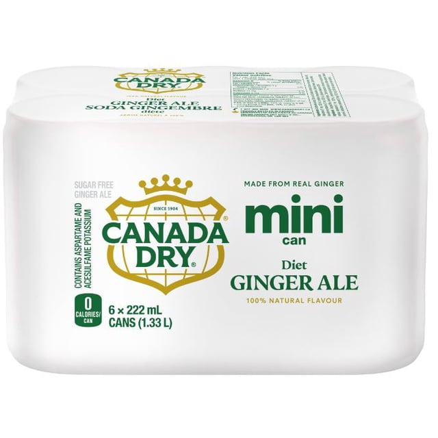 CANADA DRY CANADA DRY DIET ALE six-pack of 222 mL mini cans of sugar-free diet ginger ale made from real ginger, zero calories per can, featuring the Canada Dry gold crown logo and green text on white shrink-wrapped packaging, total 1.33 L.