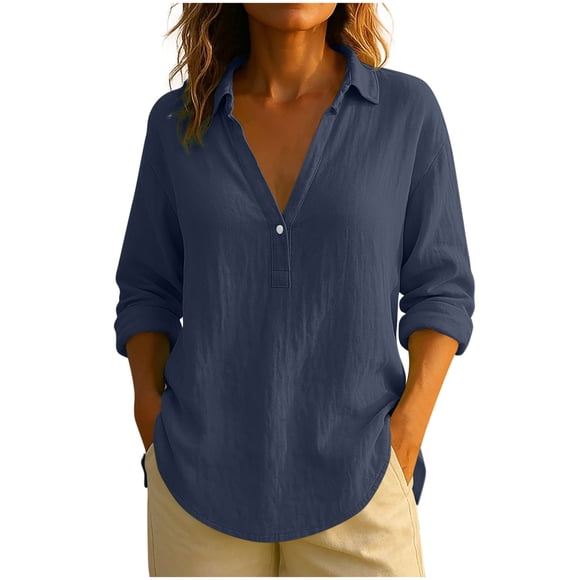 cfhntfmh Long Sleeve Cotton Linen Tops for Women Loose Fit V Neck Button Henley Shirts Solid Fall Tee Shirts for Women