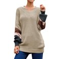 thumbnail image 1 of Women Stripe Colorblock Lantern Long Sleeve V Neck Sweater, 1 of 4