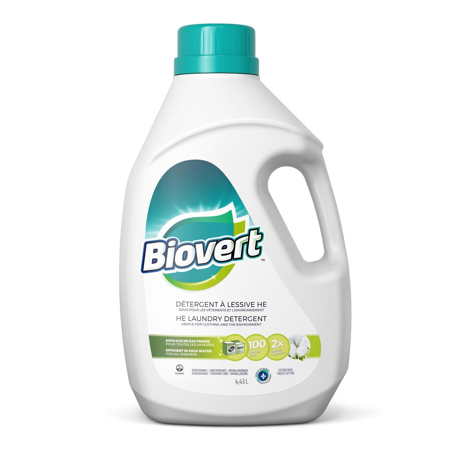 BIOVERT Coton Frais Détergent à Lessive HE Certifié Ecologo, 4.43 Litres, 100 Brassées