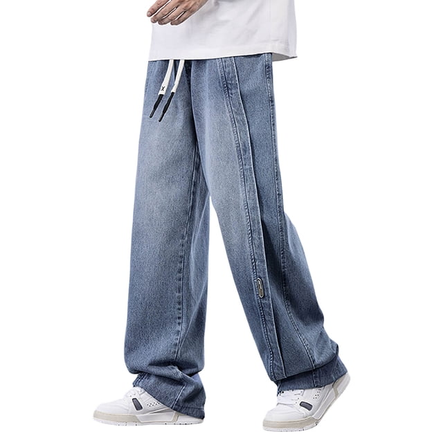 Relaxed Fit Jeans Men Men's Spring Summer Retro Wide Leg Micro Stretch Drawstring Design Jeans Jeans Moto Homme Blue L