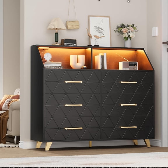 Commode à 6 Tiroirs avec Lumières DEL et Station de Recharge, Commode en Bois Rose pour Chambre, Meuble Télé Moderne Commodes et Chiffonniers pour Garde-Robe, Couloir, Entrée