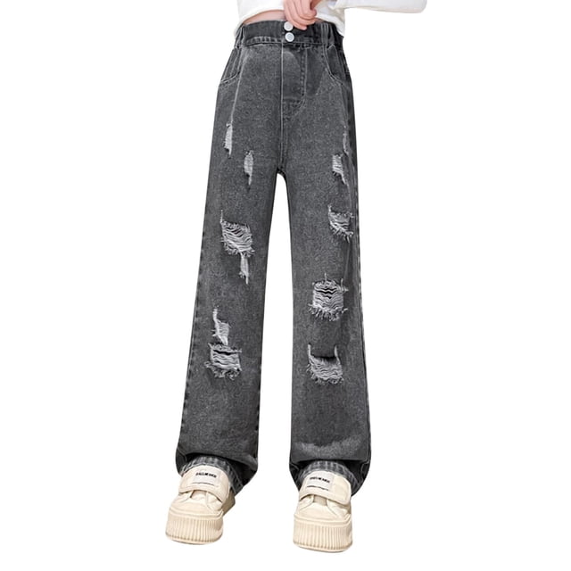 LYHaoo "Girls Fashionable Distressed Denim Jeans & Wide Leg Pants For Spring & Autumn" Wide Leg Pants Sizes 160 Gray
