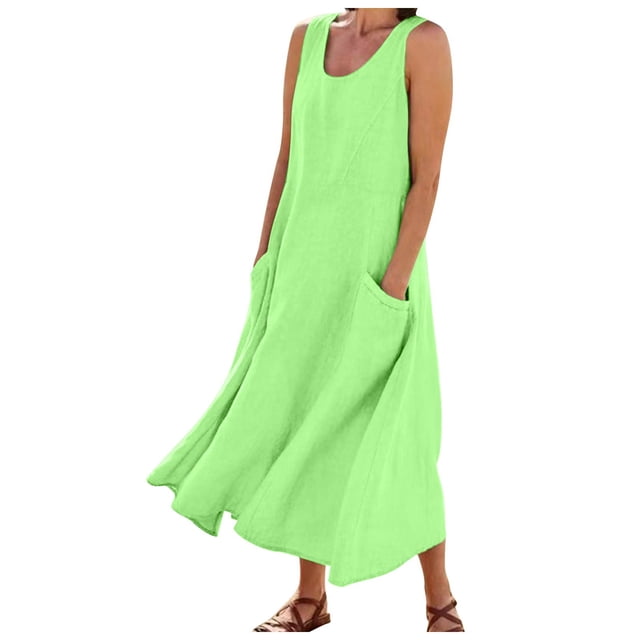 Kcodviy Robe Femme Couleur Unie Ronde en Soie à Col en V Poches au Cou Décontractée Longue Maxi Robe Quotidienne Robe Débardeur