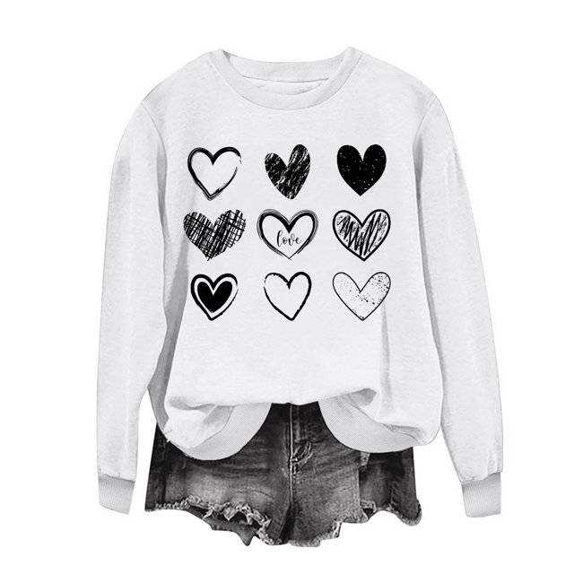 Penkiiy Chandail en Molleton Imprimé Cœur pour Femmes Manches Longues Col Rond Décontracté Ample Vintage Amour Graphique Pull Tops S Blanc