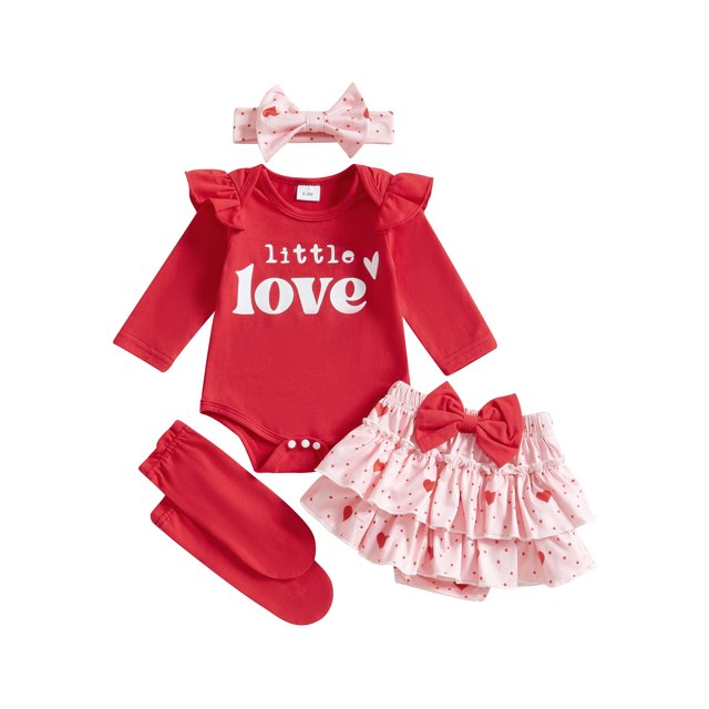 Gupgi Spring Baby Girl Valentines Day Outfit, Ruffle Long Sleeve Romper+Heart Layered Ruffle Shorts+Socks+Bow Headband