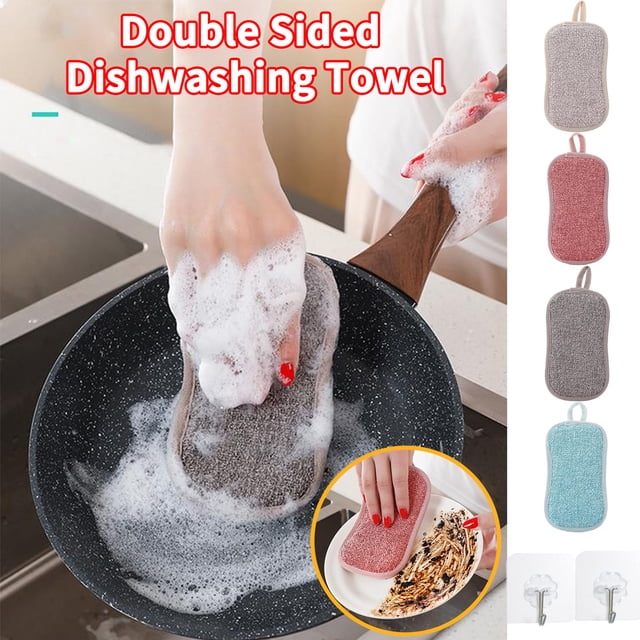 Oleegame 1PC Ten Dollar Items Microfiber Washable Reusable Scouring 4PCS Sponge Dish Sponge With 2Sticky Hooks Cleaning