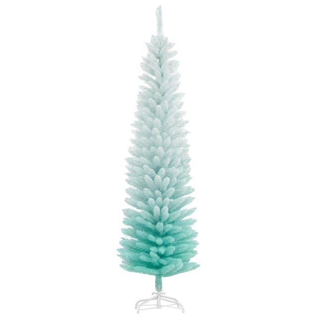 HOMCOM 7ft Slim Artificial Christmas Tree in gradient blue, featuring a pencil-style design with realistic branches for a full and lush appearance. Ideal for holiday decor, the tree has a detachable base for easy storage and is supported by a solid plastic stand for stability. Dimensions are ⌀21.75 inches x 84 inches high, with 500 tips for a detailed look. Ornaments are not included.