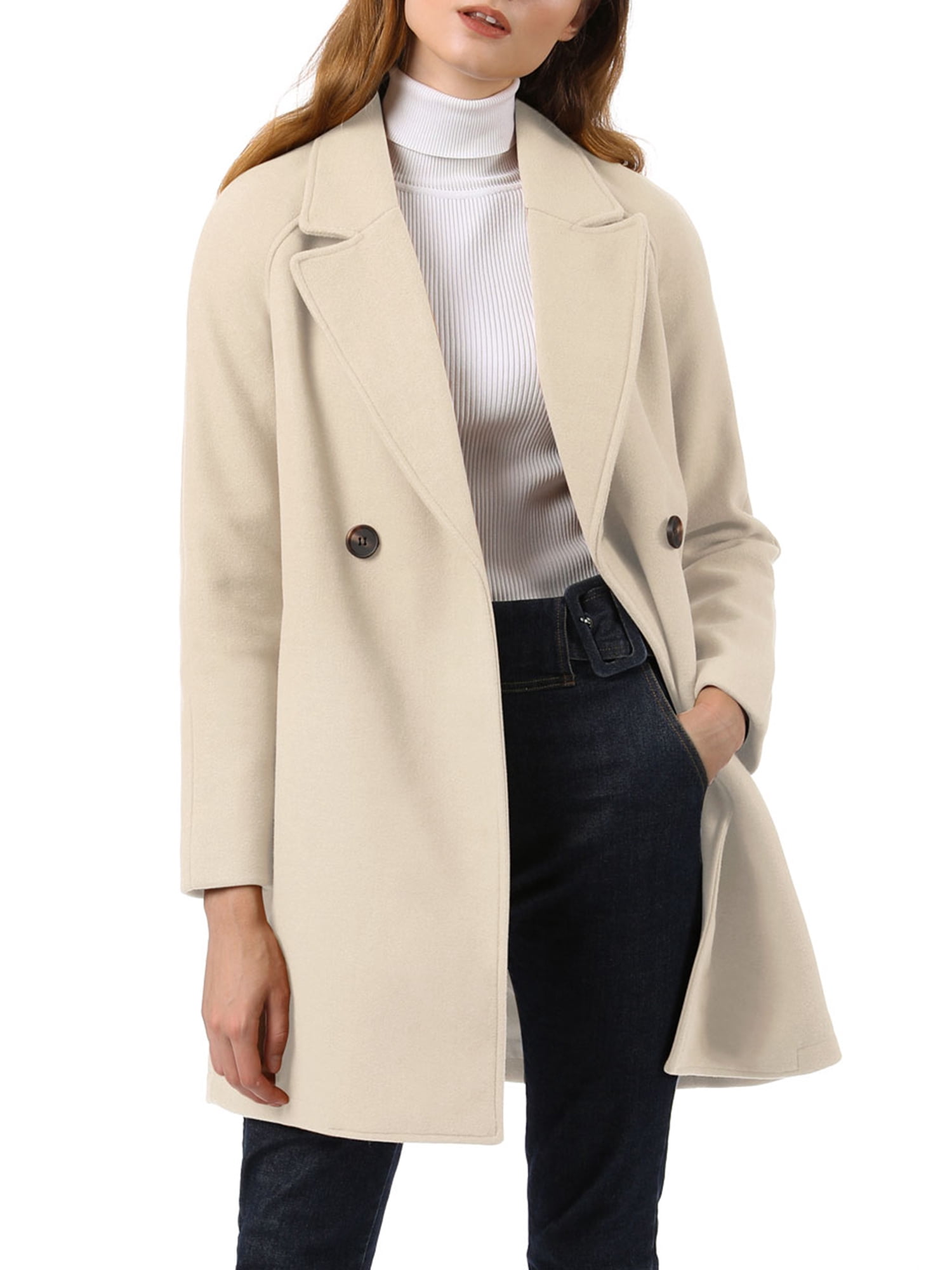 Allegra K Women's Double Breasted Lapel Raglan Long Sleeve Mid Length Overcoat XL Cream White