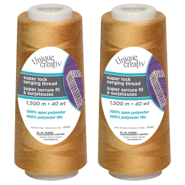 UNIQUE CREATIV TRULOCK serging thread in gold color, 100% spun polyester, 40 wt, 1500 m cone for overlock machines, shown as two cones with white plastic tops and bilingual labels, suitable for seams, hems, and edge finishes in sewing projects.