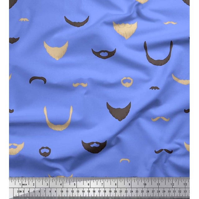 Soimoi Blue Moss Georgette Fabric Mustache Face Print Fabric by The Yard 44 Inch Wide