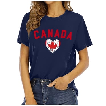 Fgnfyis Womens Canada Day Shirts Canada Flag Graphic Tshirt Canadian Maple Leaf Short Sleeve Patriotic Tee Tops Women's Tops Navy L