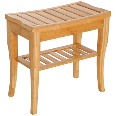 Banc de Douche en Bambou de 20 Pouces Tabouret de Spa de Bain Organisateur de Salle de Bain Étagère de Rangement
