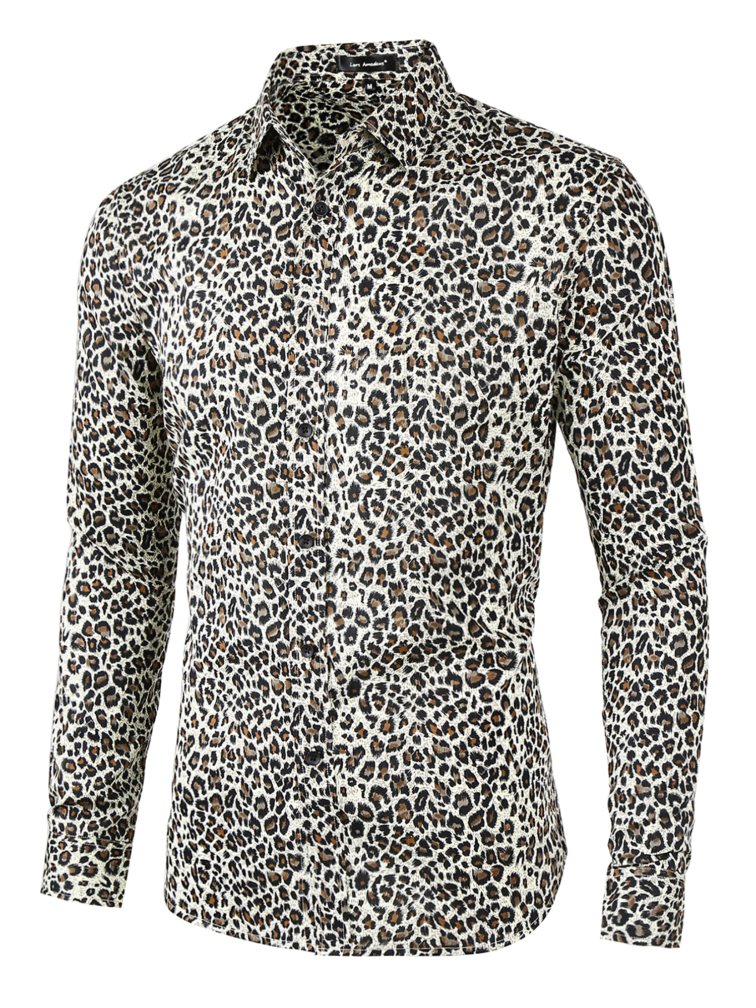 INSPIRE CHIC Men's Vintage Leopard Printed Button Down Long Sleeve Cotton Shirt M Brown