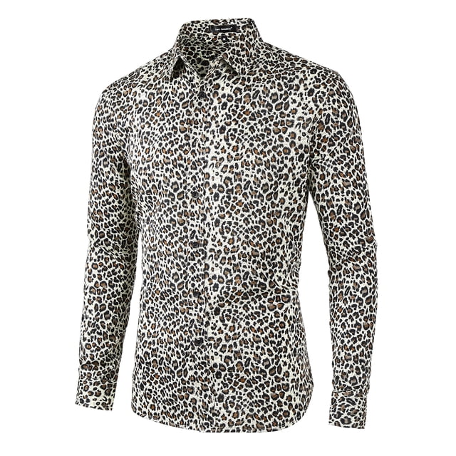 INSPIRE CHIC Men's Vintage Leopard Printed Button Down Long Sleeve Cotton Shirt M Brown