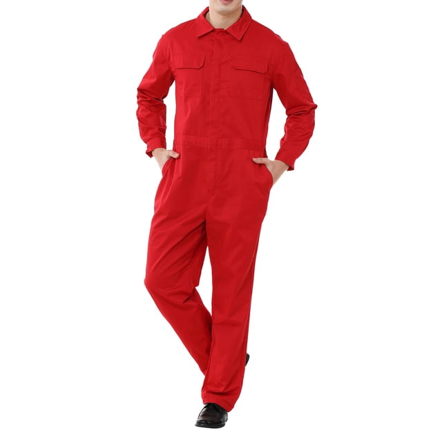TOPTIE Workwear Mechanic Coverall in red, size XL Regular, crafted from 8.5 oz polyester-cotton twill fabric for durability. Features include a two-way zipper, adjustable snap wrist cuffs, elastic waist inserts, and multiple pockets: two chest pockets with hook and loop flags, two front pockets, two back pockets, and two pen pockets on the left arm. Ideal for industrial, agricultural, and home use, this mechanic uniform offers comfort and practicality.