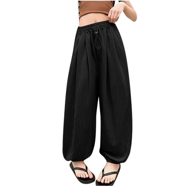 Lantern Pants for Girls, Loose Fit Ice Silk Sports Pants with Drawstring Waist, Mosquito-Proof, Breathable Polyester, Mid-Size 150 cm, Summer Long Pants