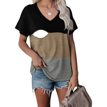 Hinvhai Haut de Maternité et d'Allaitement pour Femmes en Liquidation Débardeur d'Allaitement T-Shirt Raglan à Double Couche Vêtements de Grossesse Noir 4(S)