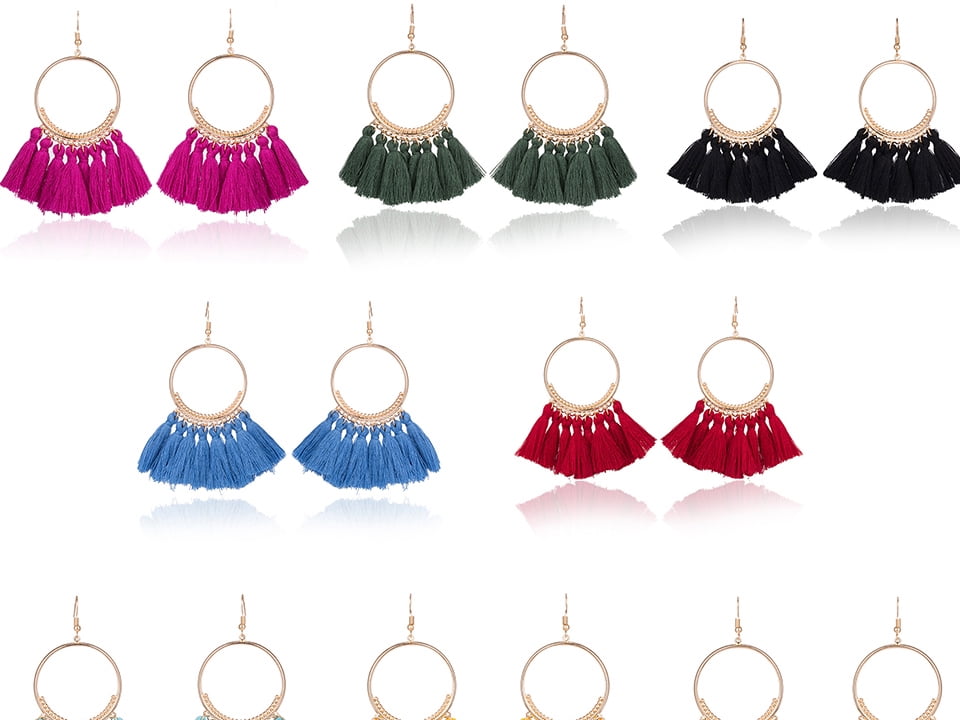 Women Fashion Bohemian Ethnic Fringed Tassel Earrings Golden Earrings ...