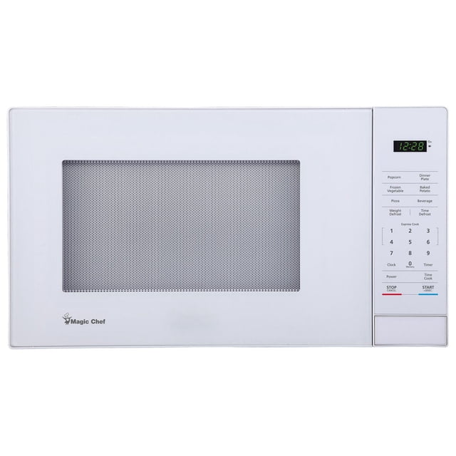 Magic Chef Four à Micro-Ondes de Comptoir 1,1 Pi3 1000 W Blanc avec Porte Rectangulaire Orientée vers l'Avant avec Fenêtre en Verre Perforé, Affichage DEL Numérique et Panneau de Commande Électronique avec Préréglages à une Touche pour Maïs Soufflé, pizza, Légumes Surgelés, Pomme de Terre Cuite, Boisson et Assiette de Souper, Pavé Numérique, Boutons de Démarrage et d'Arrêt, et Verrou de Sécurité pour Enfants.