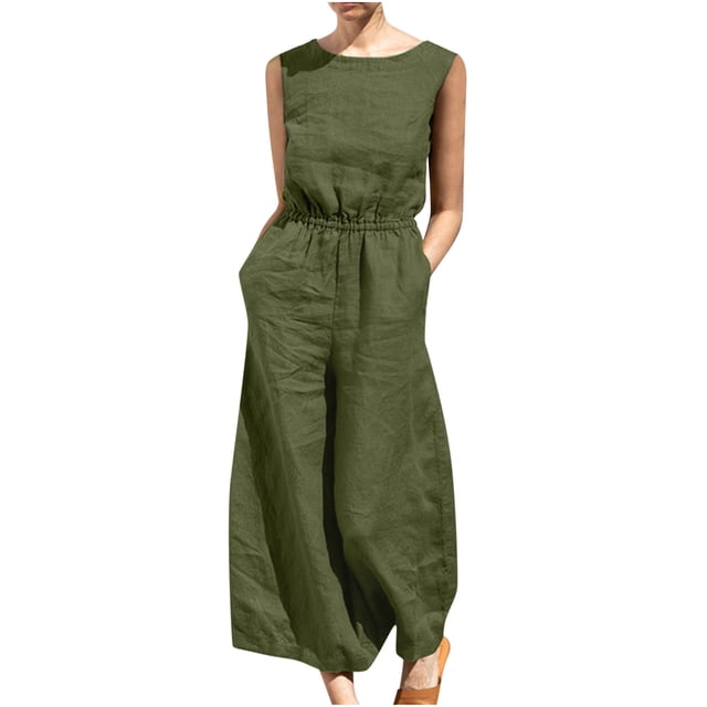 Yuyuzo Women Cotton Linen Jumpsuits Summer One-Piece Outfits Short Sleeve Wide Leg Long Pants Rompers
