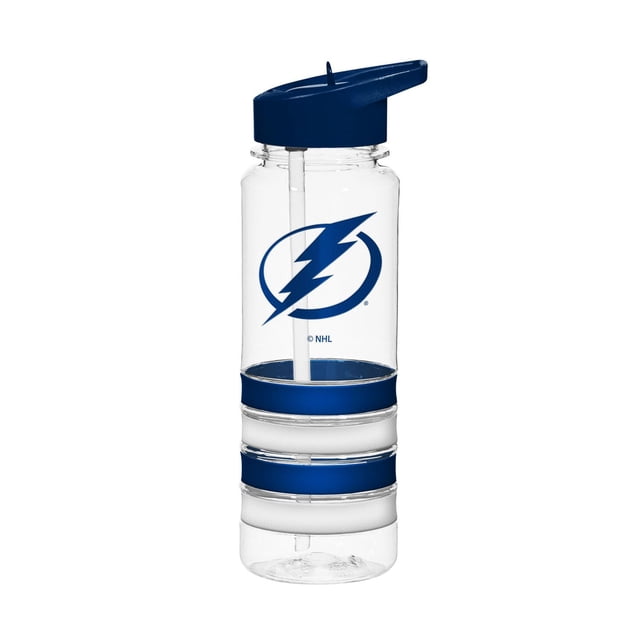 25OZ TEAM COLOR BANDED WATER BOTTLE NHL TAMPA BAY LIGHTNING with a clear plastic body featuring the blue Tampa Bay Lightning logo, a blue flip-top lid, and two blue silicone bands for grip, designed for beverage storage and hydration and suitable for sports and outdoor activities.