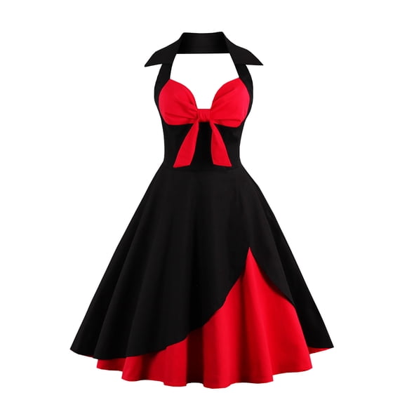 HKEJIAOI Cocktail Dresses Birthday Present Women Retro Print Sleeveless Splicing Evening V-Neck Party Prom Vintage Dress Savings Clearance Black