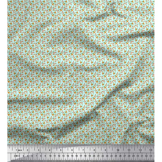 Soimoi Crepe Silk Fabric Leaves & Peach Fruit Small Fabric Prints by Yard 42 Inch Wide
