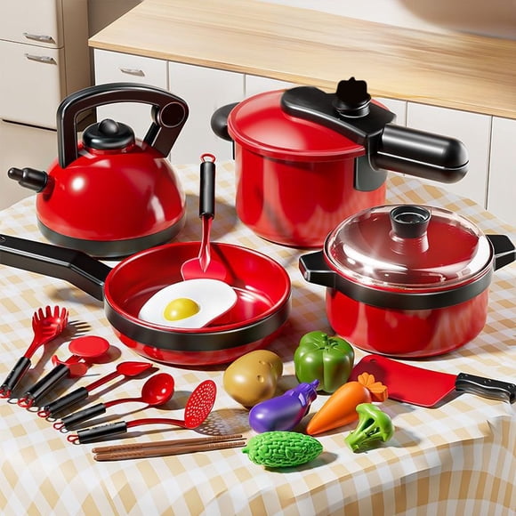 Play Kitchen Pretend Toy, Realistic Safe Dishes Utensils, Cookware Educational, For Toddlers, Child Play Set, Cutting Food Play, Imaginative Toy Hzhnb | Plastic, Red