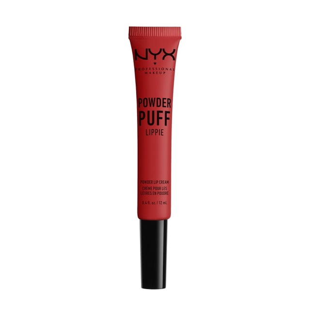 NYX Professional Makeup Powder Puff Lippie Lip Cream in a red matte squeeze tube with black cap, featuring black text branding, delivering a lightweight, highly pigmented matte lip cream that sets to a powder-soft finish, ideal for a blurred lip tint look.