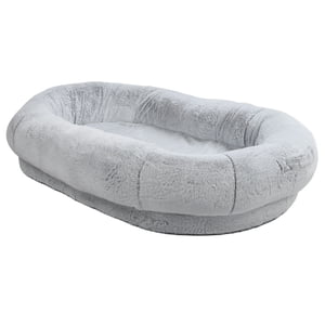 Lit pour chien humain, lit pour chien pour animaux adultes, grand lit pour animal et homme, lit de chien en fausse fourrure avec couverture lavable amovible, gris gradué