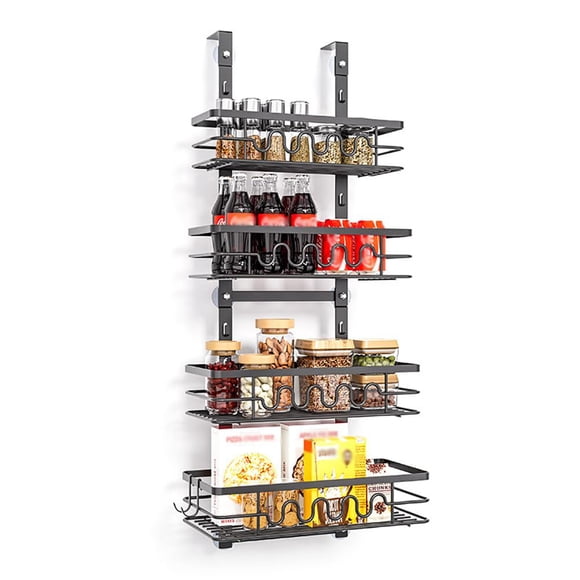 GOGRANT Organisateur de Garde-Manger à 4 Niveaux, Support de Rangement Suspendu en Métal avec Option de Fixation Murale, Tablette à Épices Gain de Place pour Cuisine, Salle de Bain et Placard, Noir