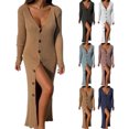 thumbnail image 4 of Womens Deep V Neck Button Down Long Knit Sweater Dress Bodycon Long Sleeves Sweater Maxi Dress, 4 of 6