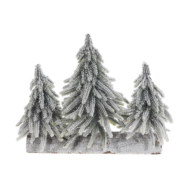 Triple Pine Tree On Wood Base (Snow Covered) with three white polyethylene pine trees dusted with realistic snow on a natural wood base, measuring 13 by 5.5 by 11 inches, perfect for artificial plants décor and seasonal holiday displays, also suitable for tabletop or mantel decoration.