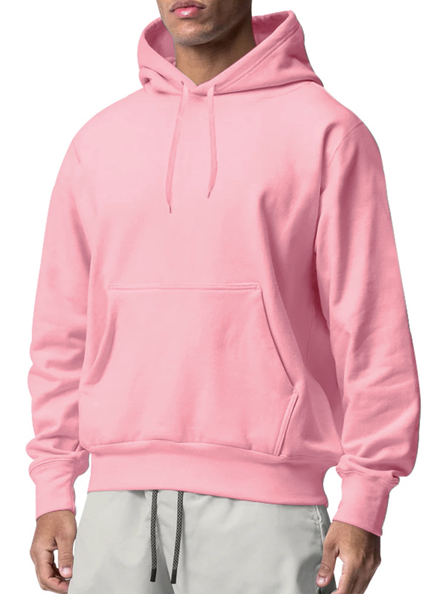 Innerwin Sweatshirts Drawstring Men's Hoodies Fall Solid Color Thick Hooded Sweatshirt Pink XS