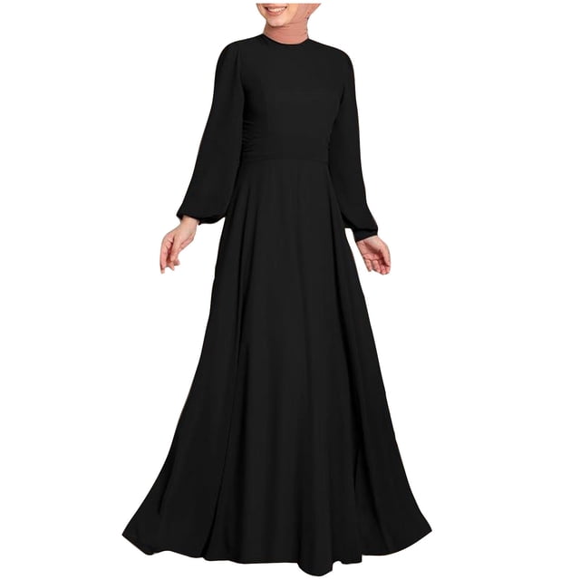 Women High Neck Abaya Muslim Dress Solid Color Prayer Clothes Long Sleeve Islamic Robe Full Length Dresses