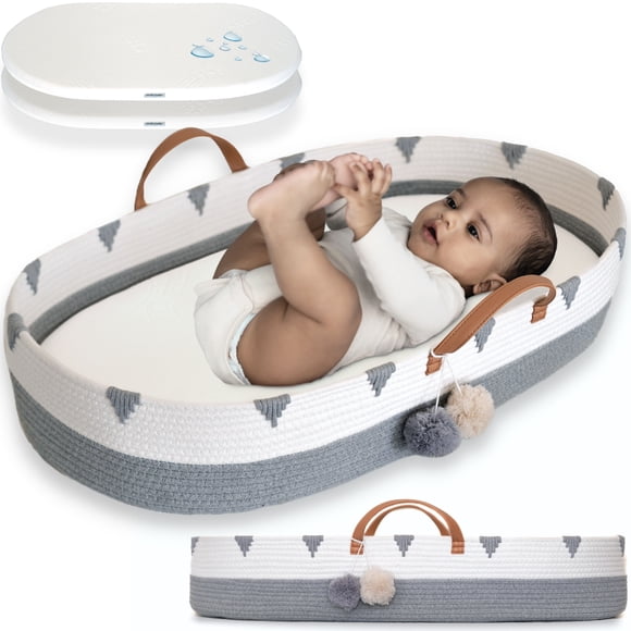 Vesta Baby Cotton Rope Portable Moses Baby Changing Basket Set - Unisex - Boho Gray & White