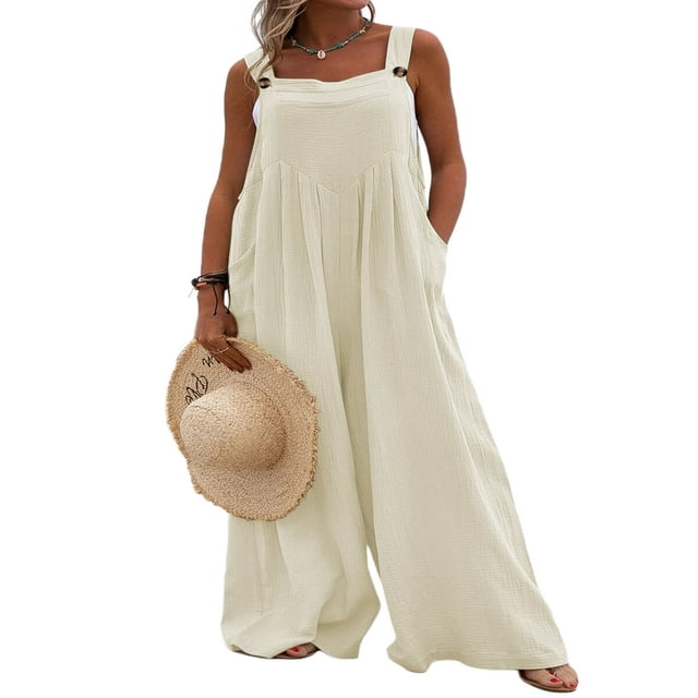 Wide Leg Overalls for Women Sleeveless Jumpsuits Suspender Overalls with Pockets
