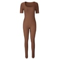 thumbnail image 4 of LOVZFMLL Women's Threaded Low Neck Short Sleeve Hip-lifting Slim Jumpsuit Brown M, 4 of 6