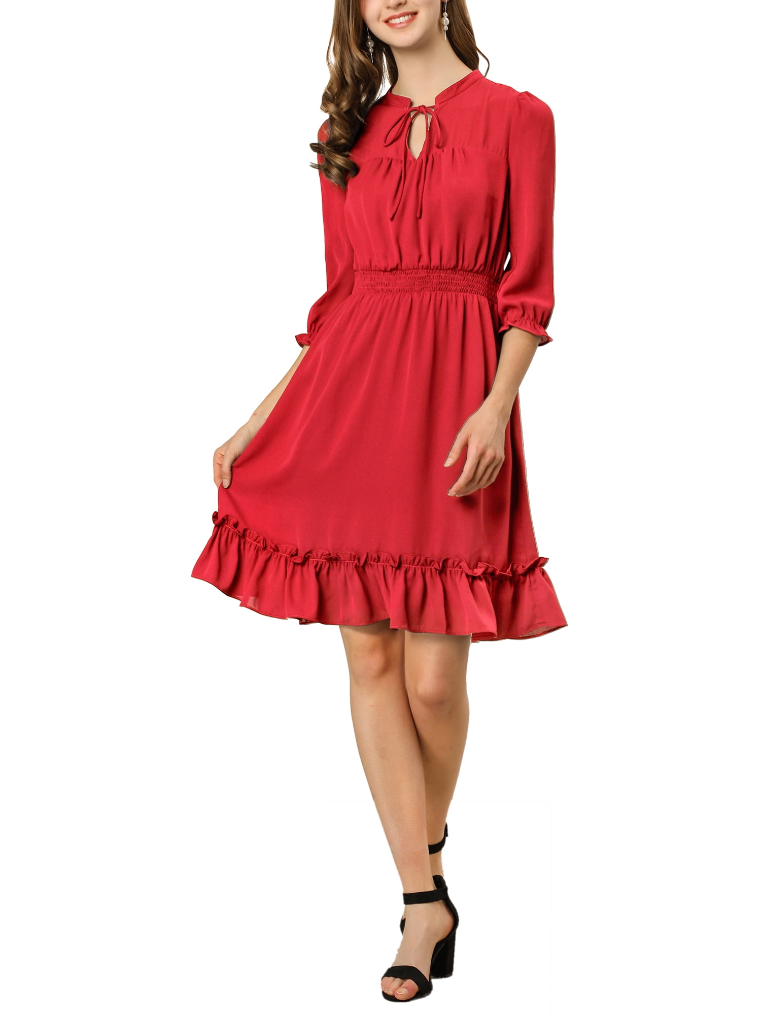 INSPIRE CHIC Women's Layered Ruffle Hem 3/4 Sleeves Smocked Chiffon A-Line Dress M Red